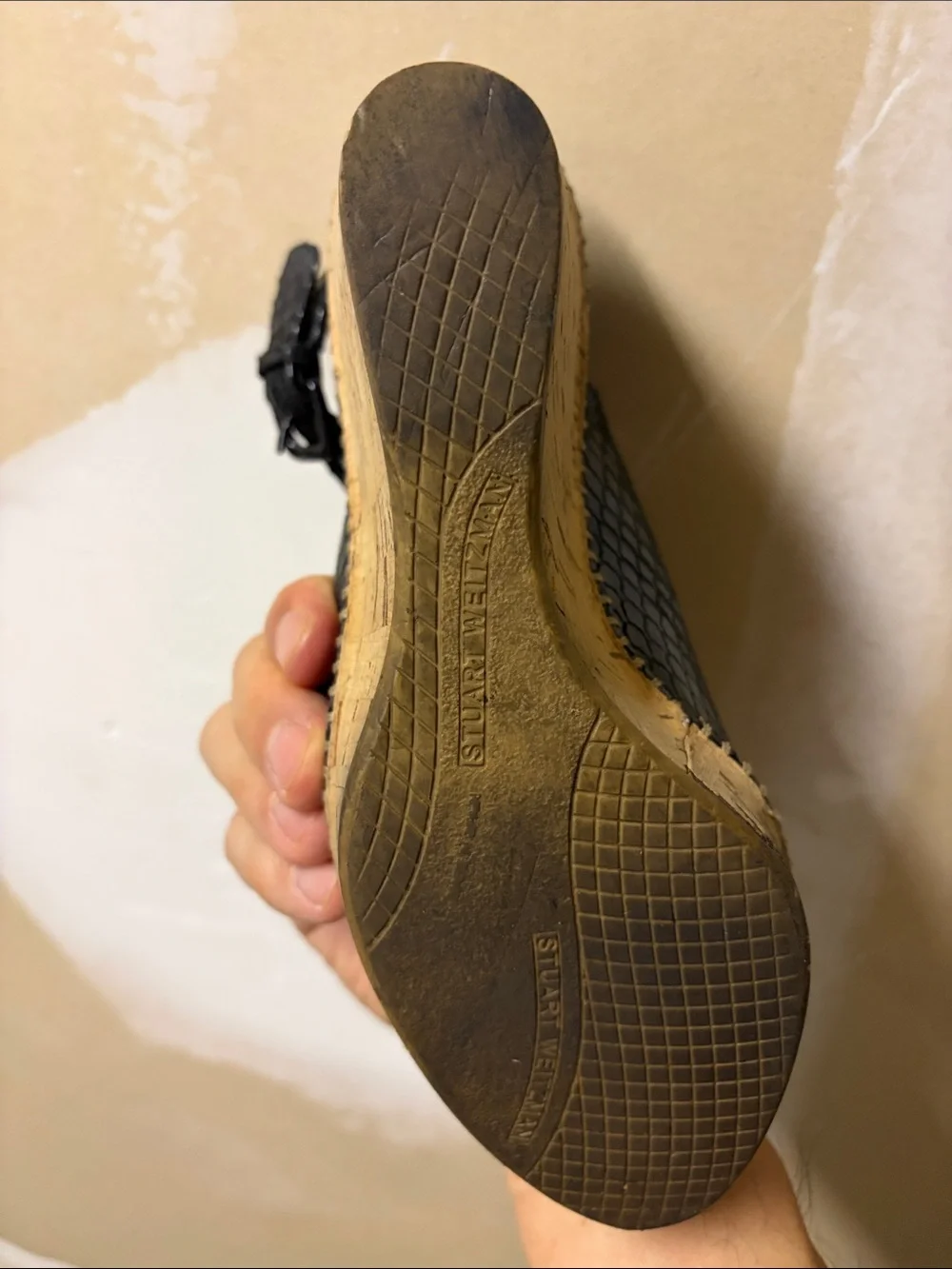 Stuart Weitzman Black Snakeskin Peep-Toe Espadrille Wedges
